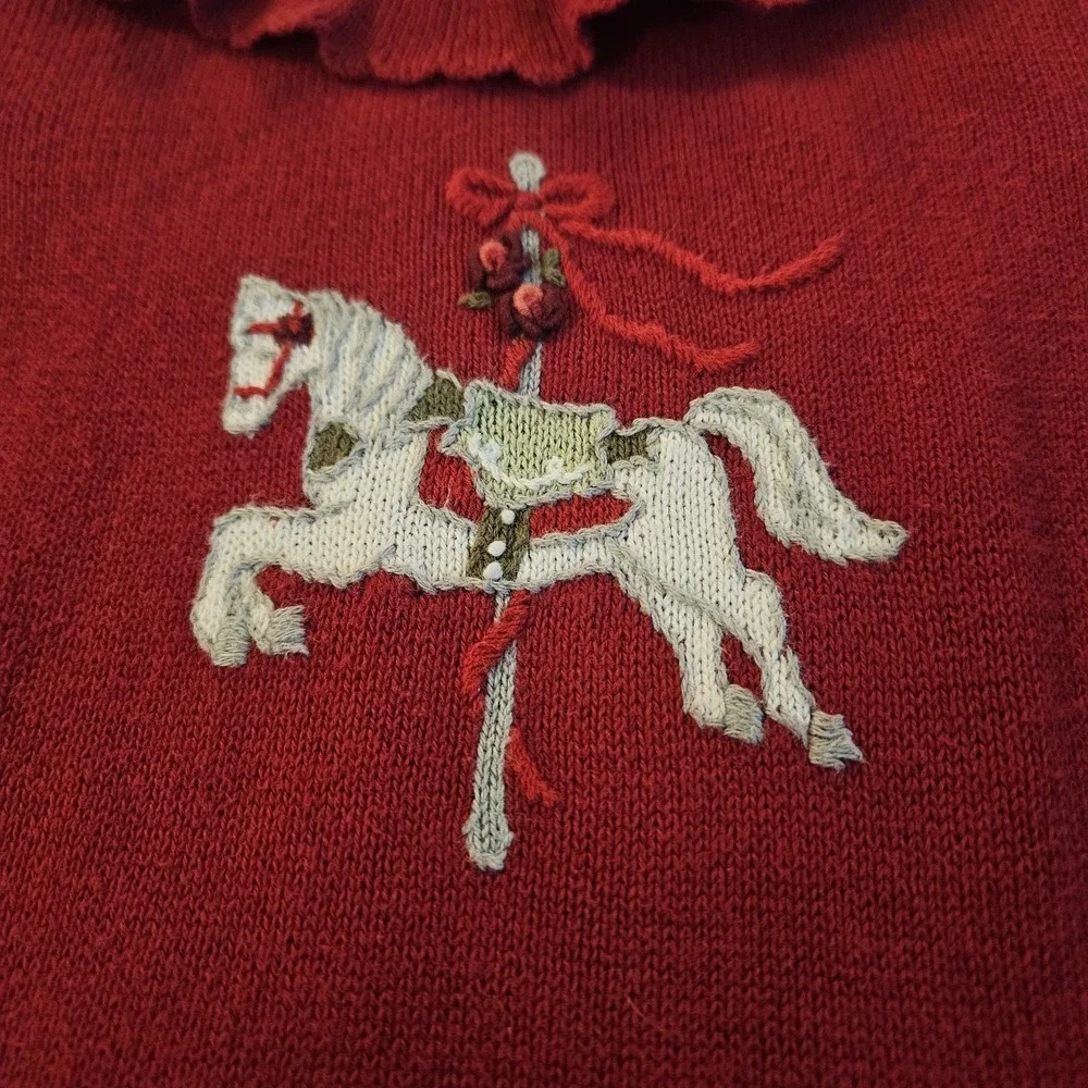 Janie & Jack Kids Red Carousel Horse‎ Knit Sweater Dress Size 4 Ruffles Collar